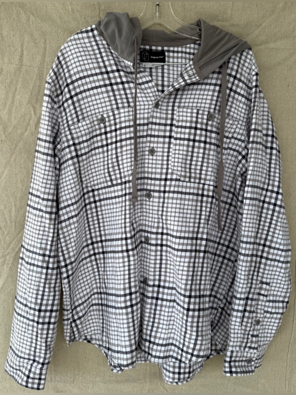 Original Use Size L Gray Plaid Flannel Long Sleeve Hooded Jacket